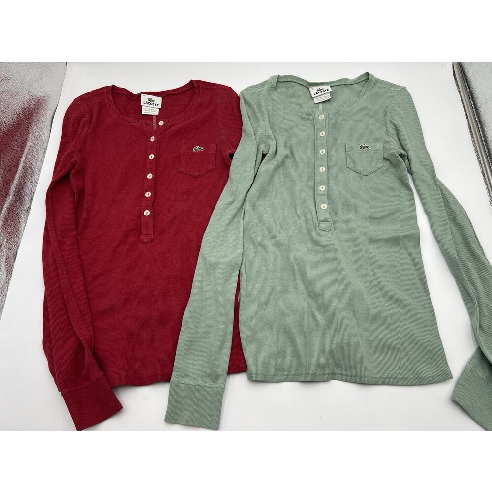 Lot of 2 Lacoste Womens Long Sleeve Henley Red and Green EU 36/ US XS School Top